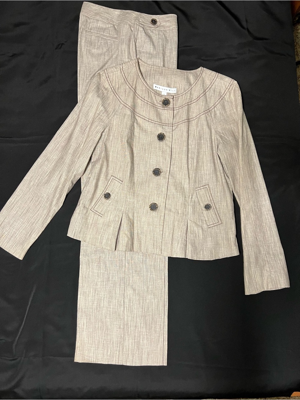 Madison Hill 2 piece pant suit w/ collarless silhouette. Linen texture.